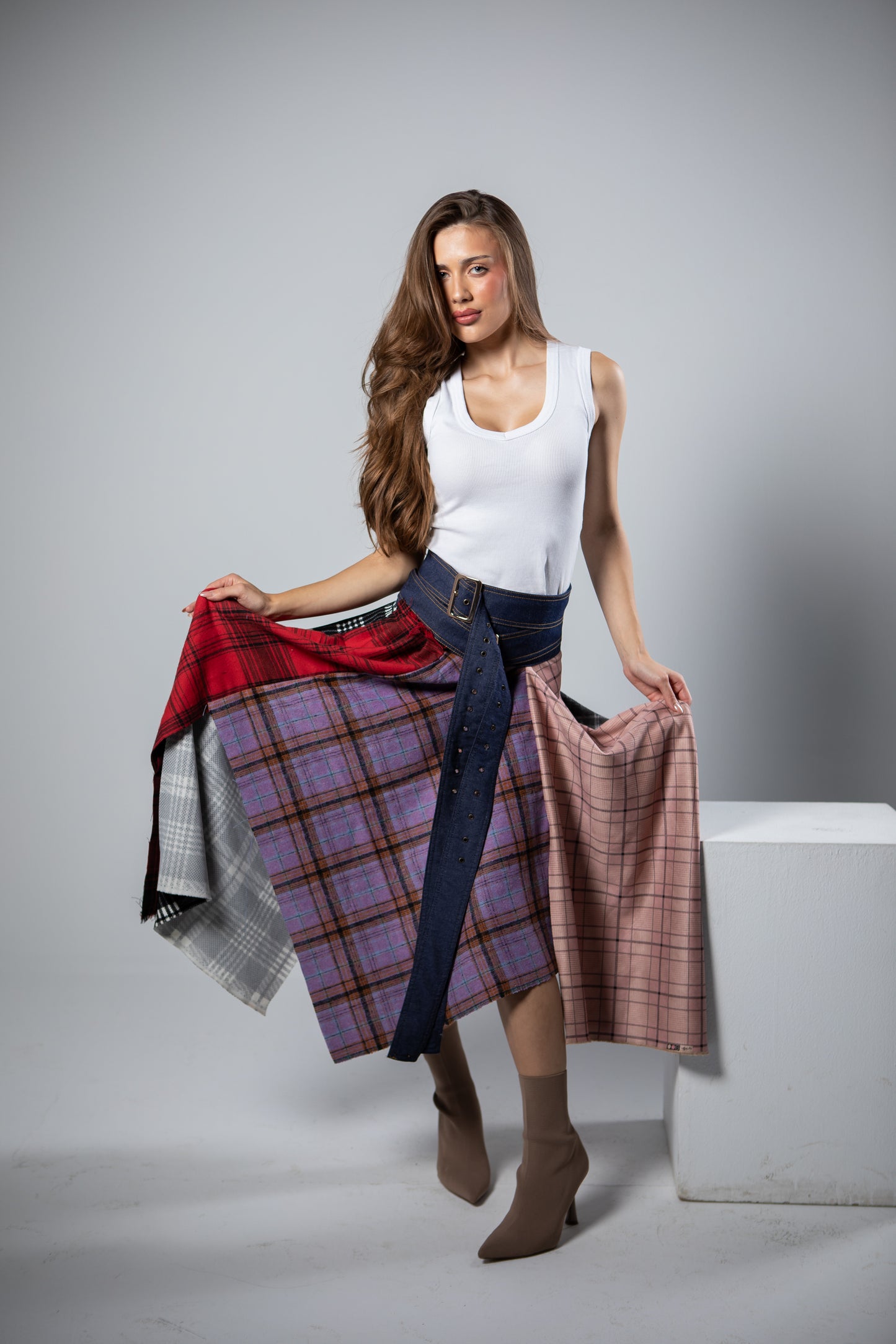 Mixed Plaid Skirt